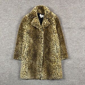 Y2K Faux Fur Leopard Print Mid Length Teddy Coat Womens Medium Hook Loop Closure
